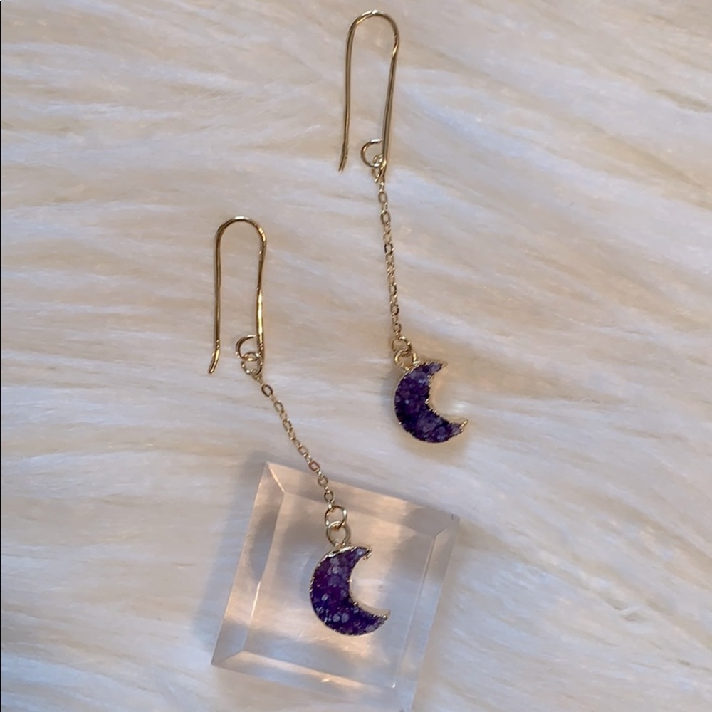 Boho purple druzy moon earrings